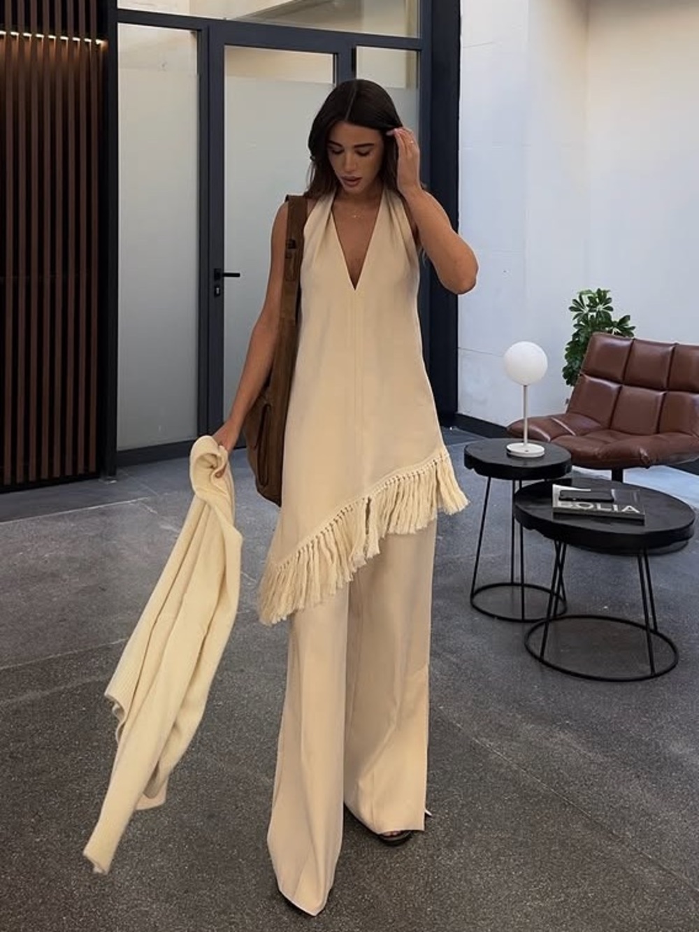 NWT 2 Piece Zara ZW Collection Fringe Halter Top and Wide Leg Pants